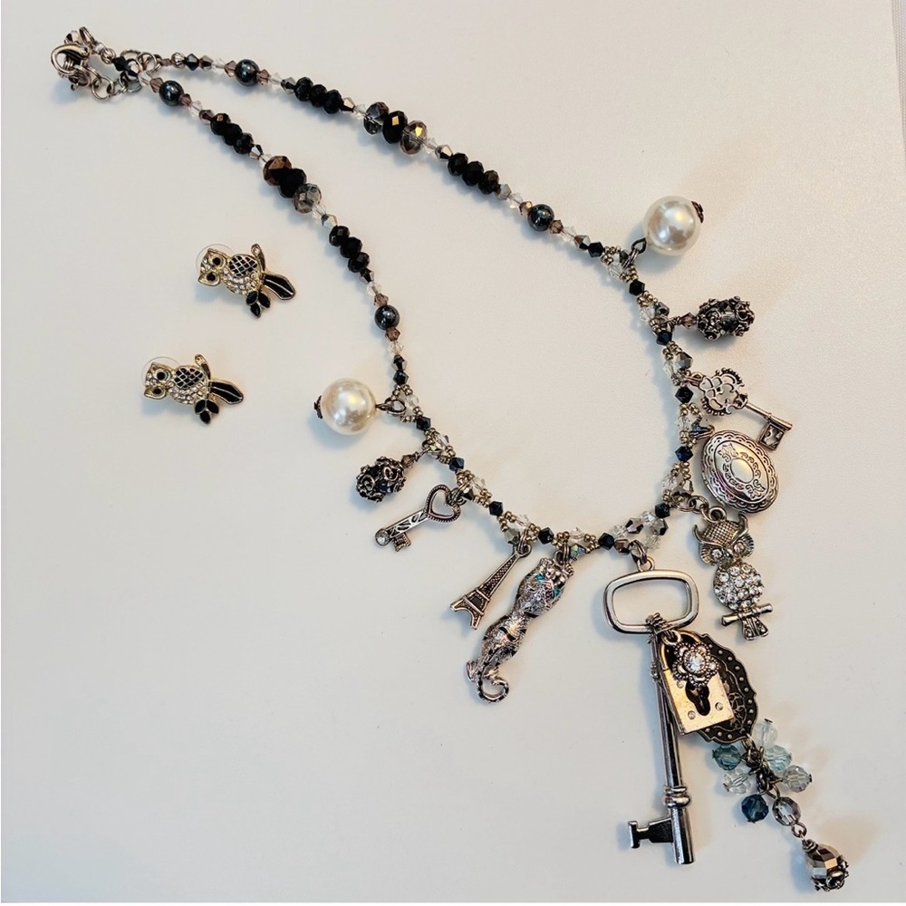 Artisan Statement Crystal & Charm Necklace With Owl Earrings Silver-Tone Black